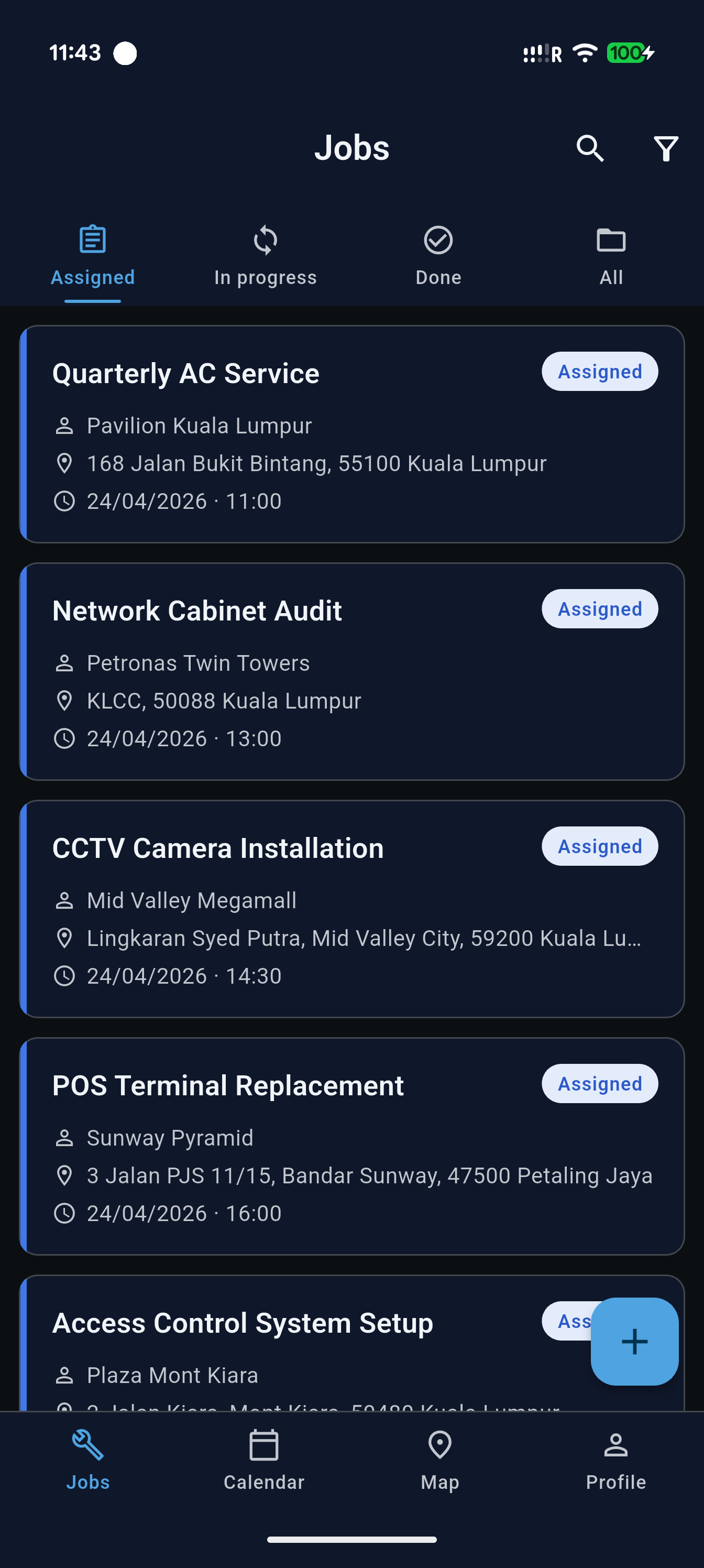 FaiServe mobile app — today's job list